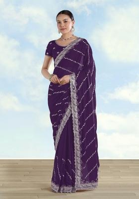 Purple Embroidered Georgette Saree Set