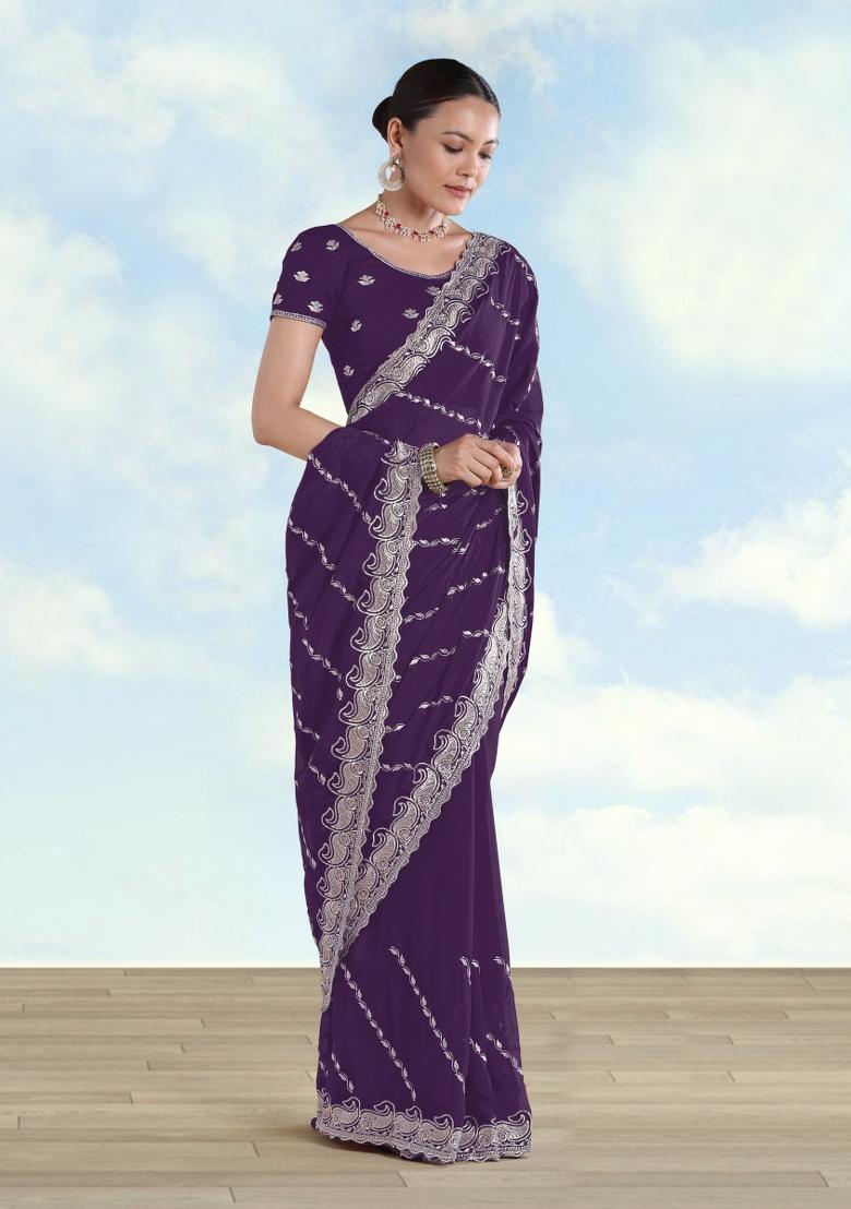 Purple Embroidered Georgette Saree Set - Indya