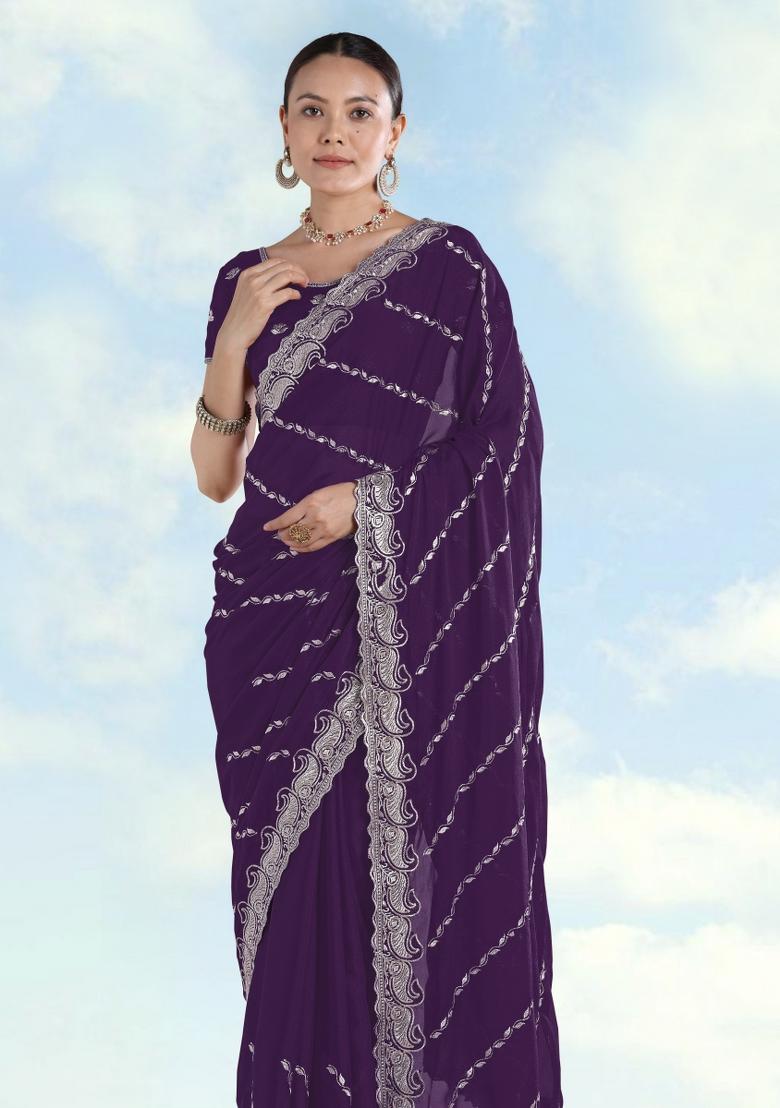 Purple Embroidered Georgette Saree Set - Indya