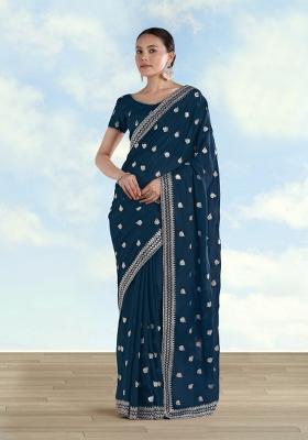 Turquoise Embroidered Georgette Saree Set