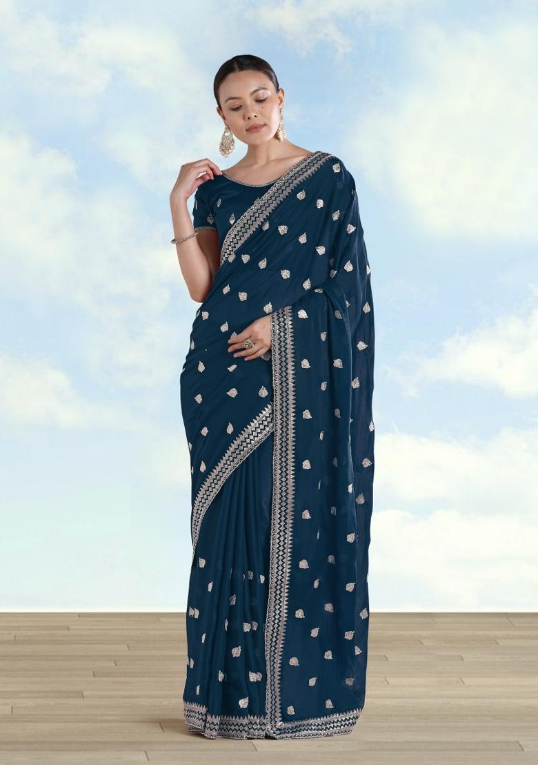 Turquoise Embroidered Georgette Saree Set - Indya