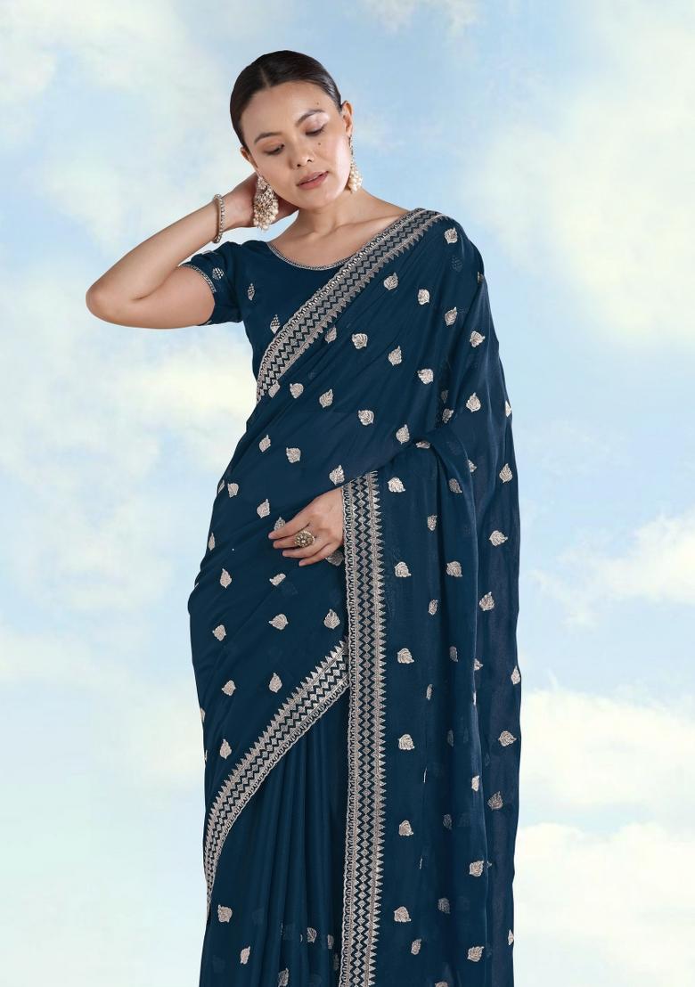 Turquoise Embroidered Georgette Saree Set - Indya