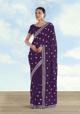 Purple Embroidered Georgette Saree Set
