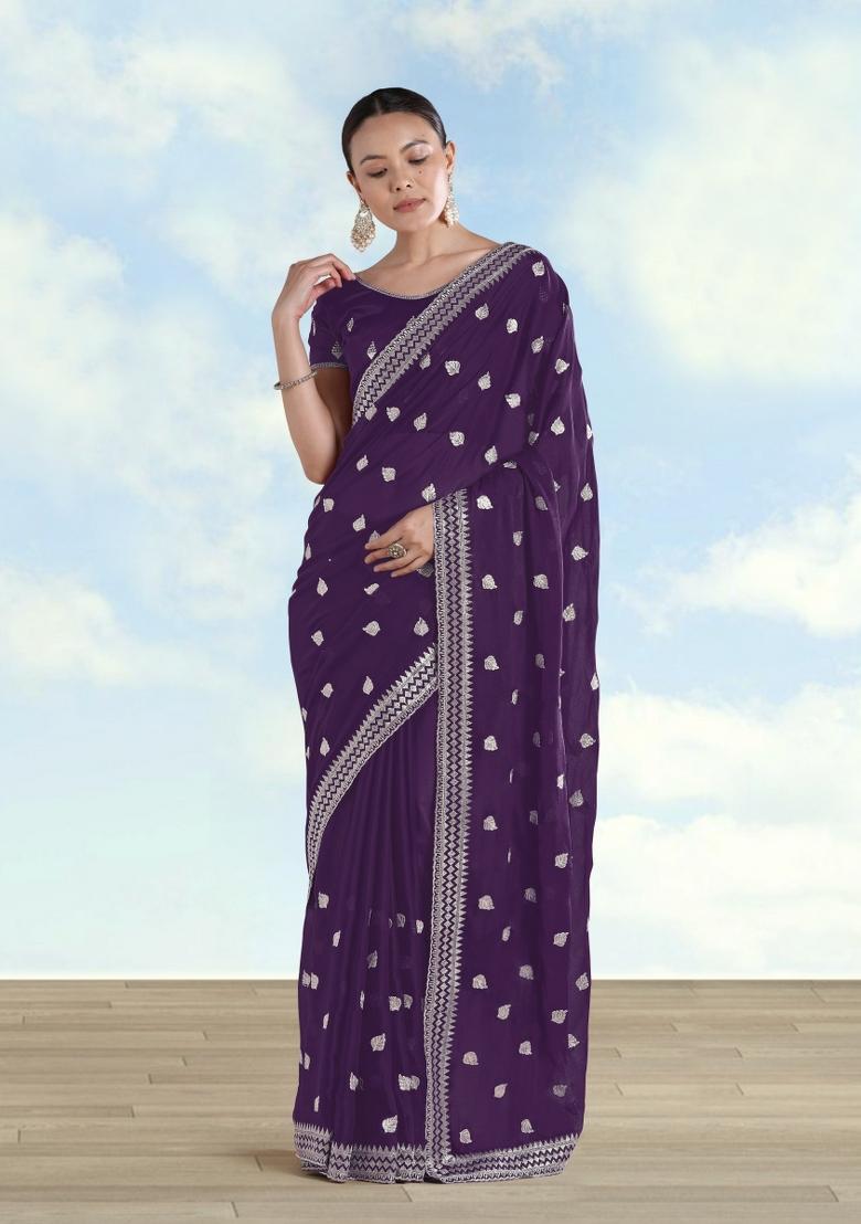 Purple Embroidered Georgette Saree Set - Indya