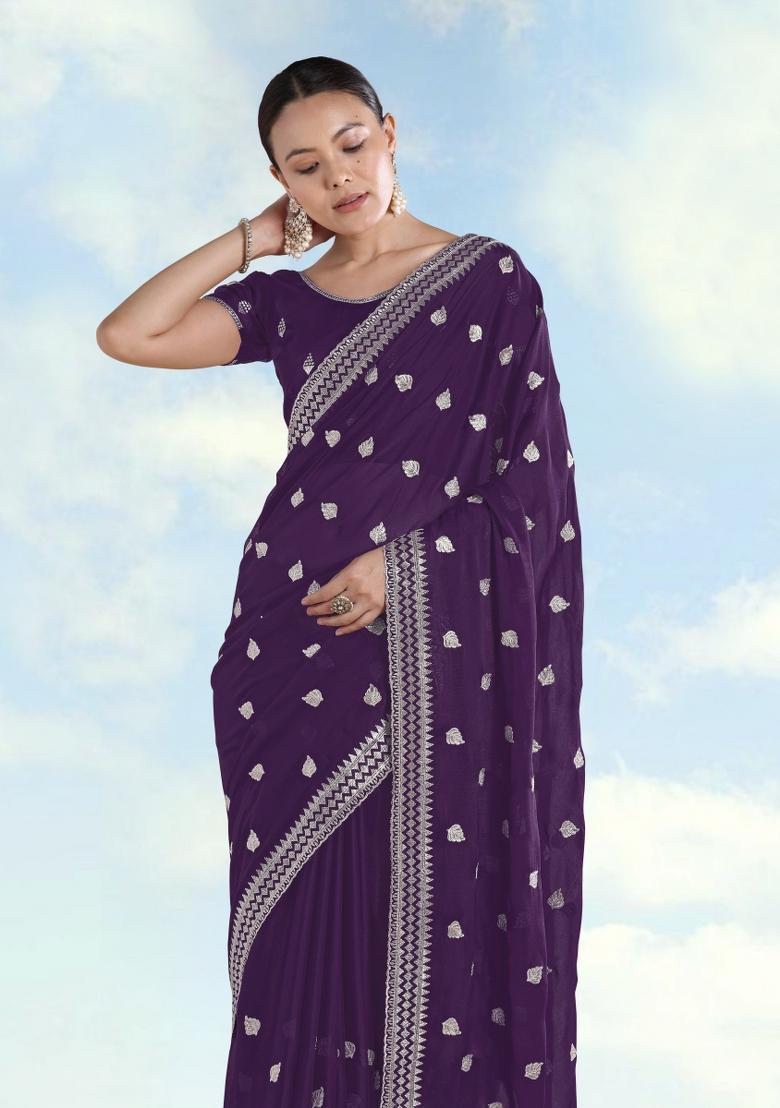 Purple Embroidered Georgette Saree Set - Indya