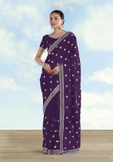 Purple Embroidered Georgette Saree Set