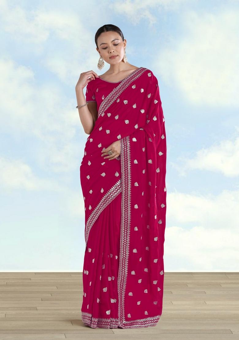 Pink Embroidered Georgette Saree Set - Indya