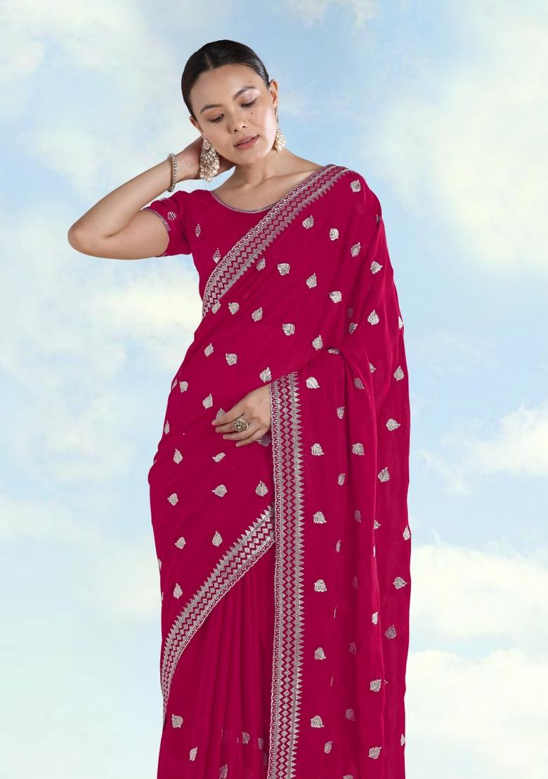 Pink Embroidered Georgette Saree Set - Indya