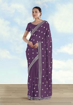 Lavender Embroidered Georgette Saree Set