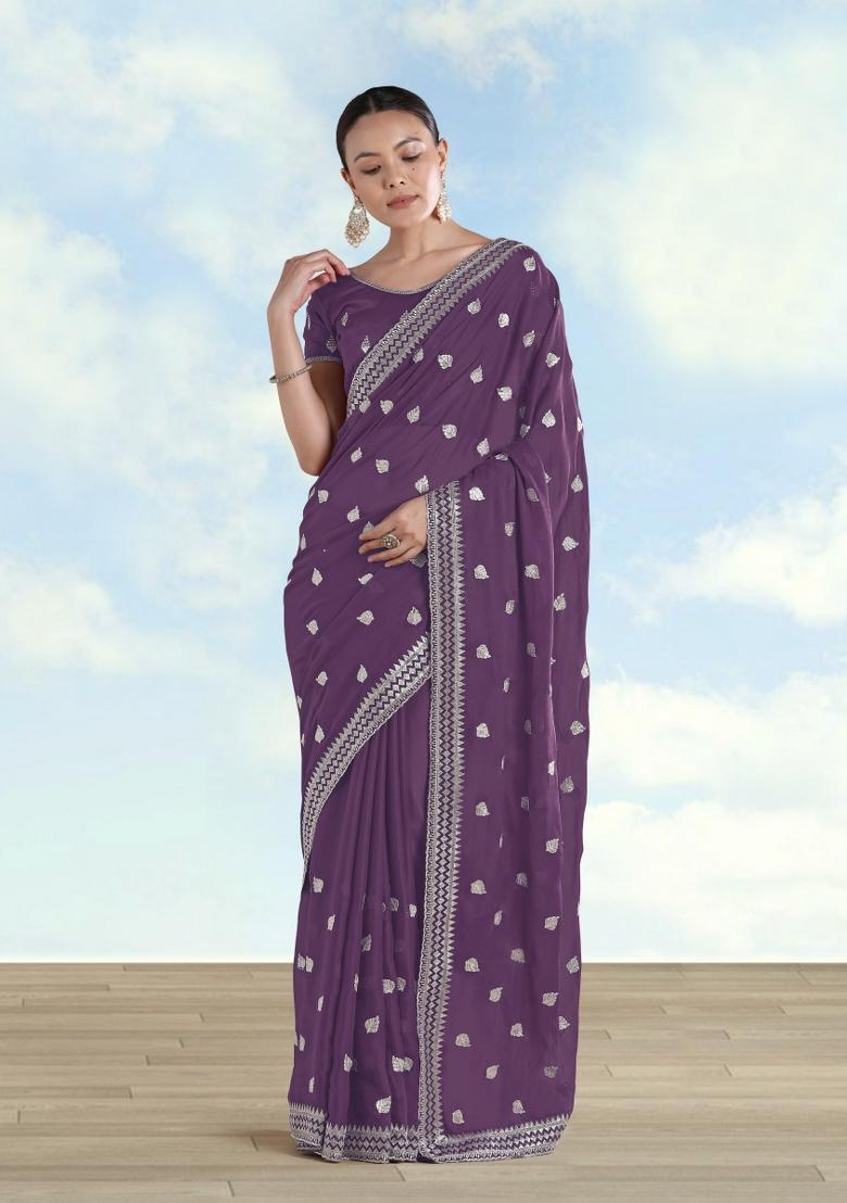 Lavender Embroidered Georgette Saree Set - Indya