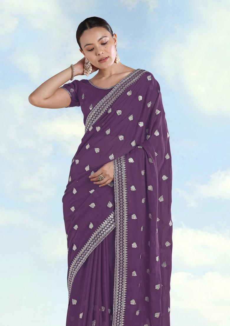 Lavender Embroidered Georgette Saree Set - Indya