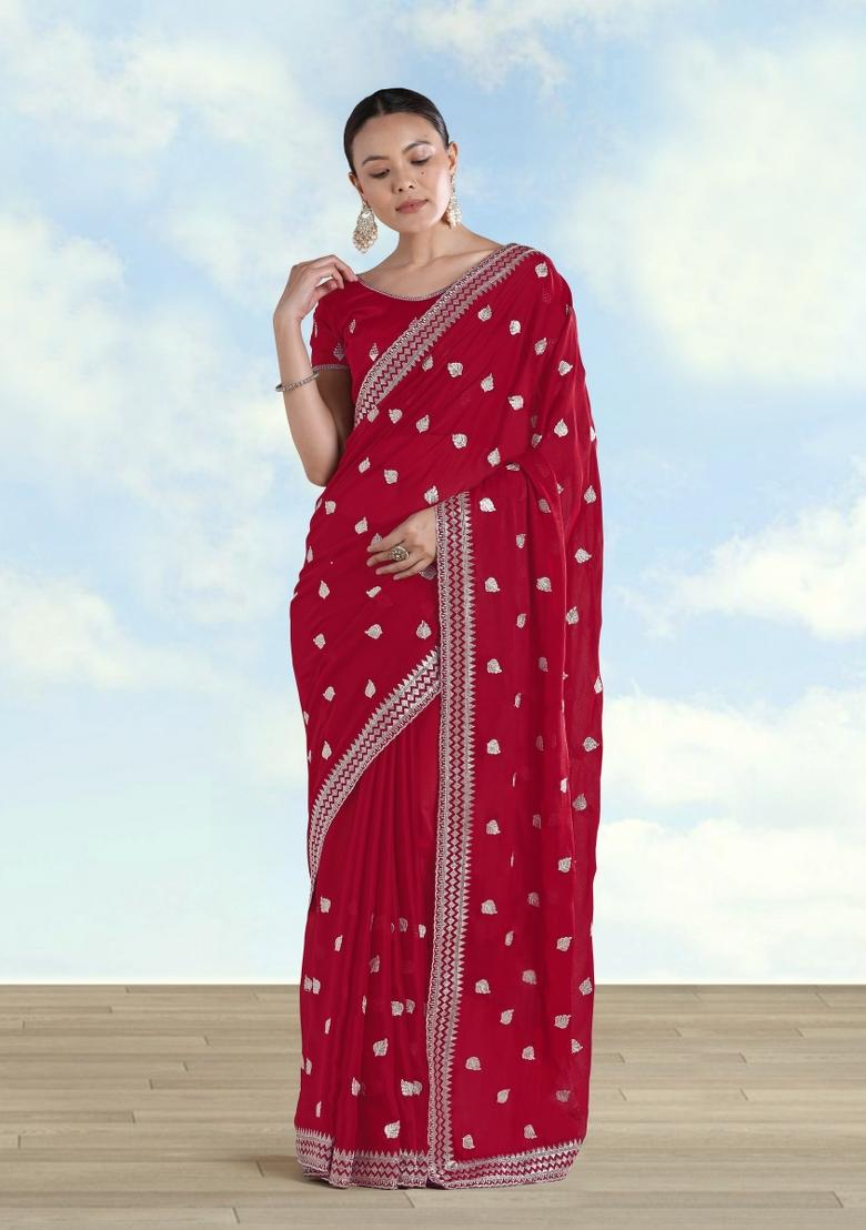 Rani Pink Embroidered Georgette Saree Set - Indya