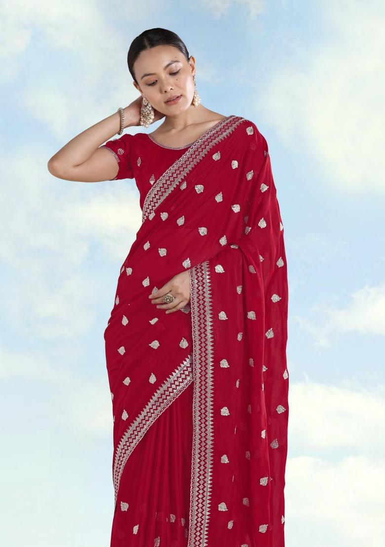 Rani Pink Embroidered Georgette Saree Set - Indya