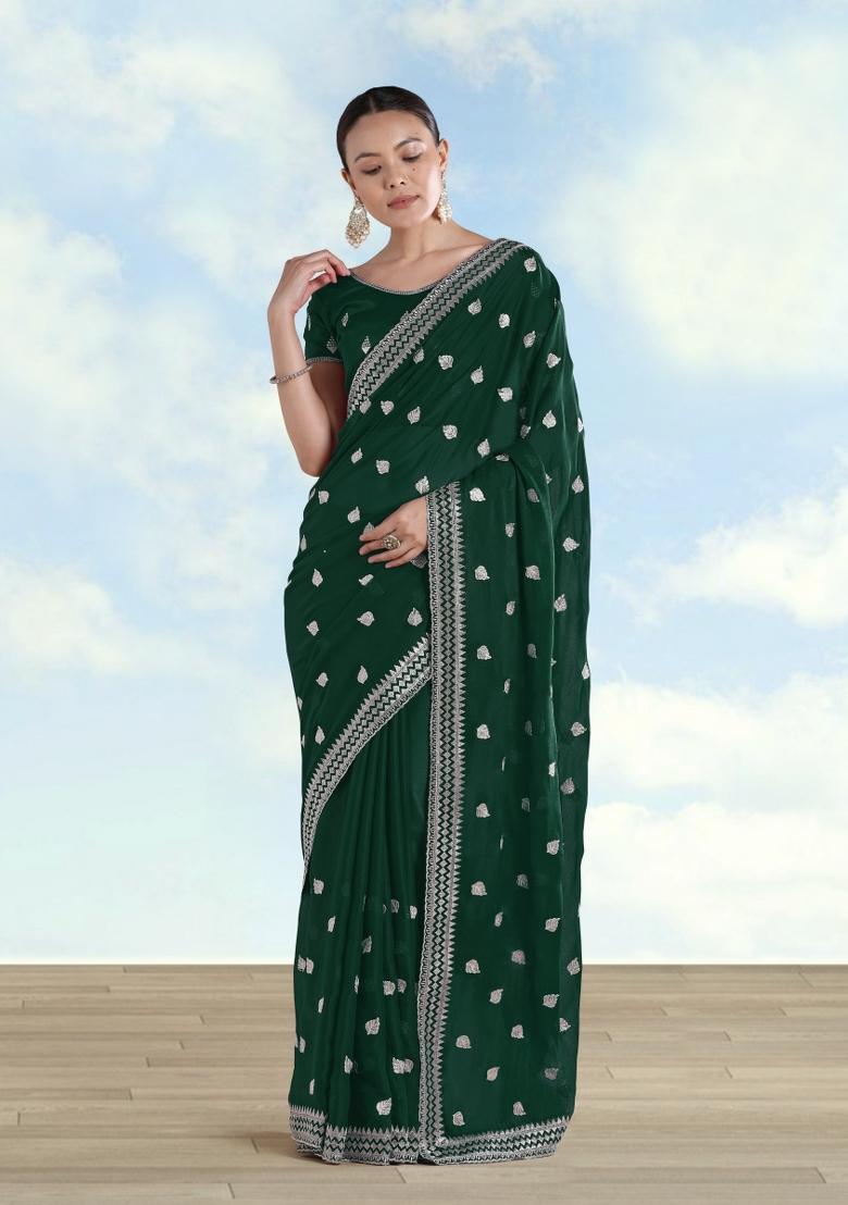 Green Embroidered Georgette Saree Set - Indya