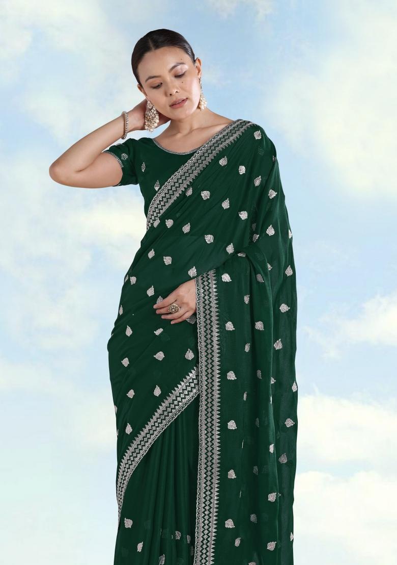 Green Embroidered Georgette Saree Set - Indya