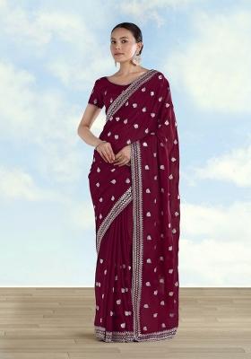 Wine Embroidered Georgette Saree Set