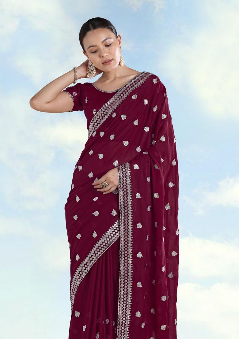 Wine Embroidered Georgette Saree Set - Indya