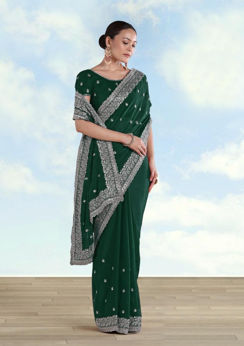 Green Embroidered Georgette Saree Set - Indya