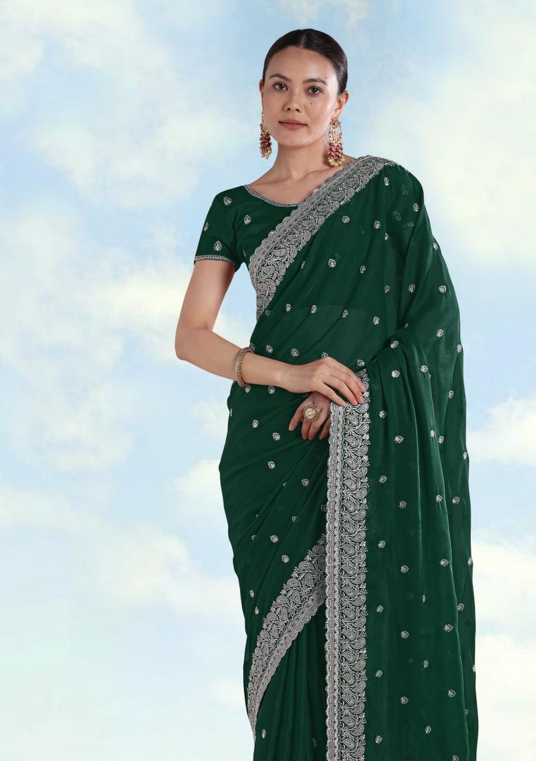 Green Embroidered Georgette Saree Set - Indya