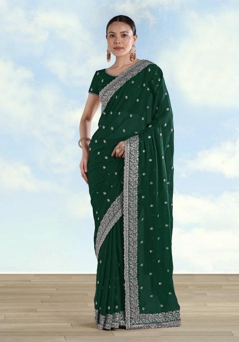 Green Embroidered Georgette Saree Set