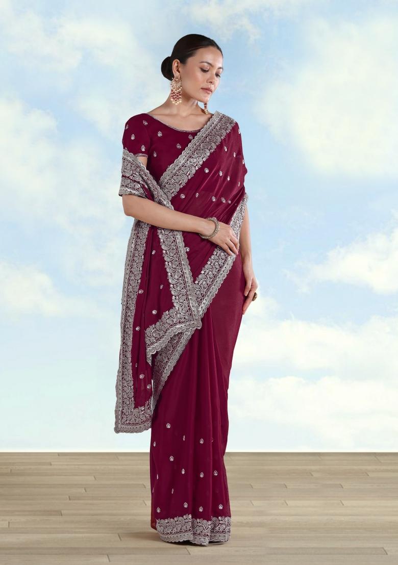 Wine Embroidered Georgette Saree Set - Indya