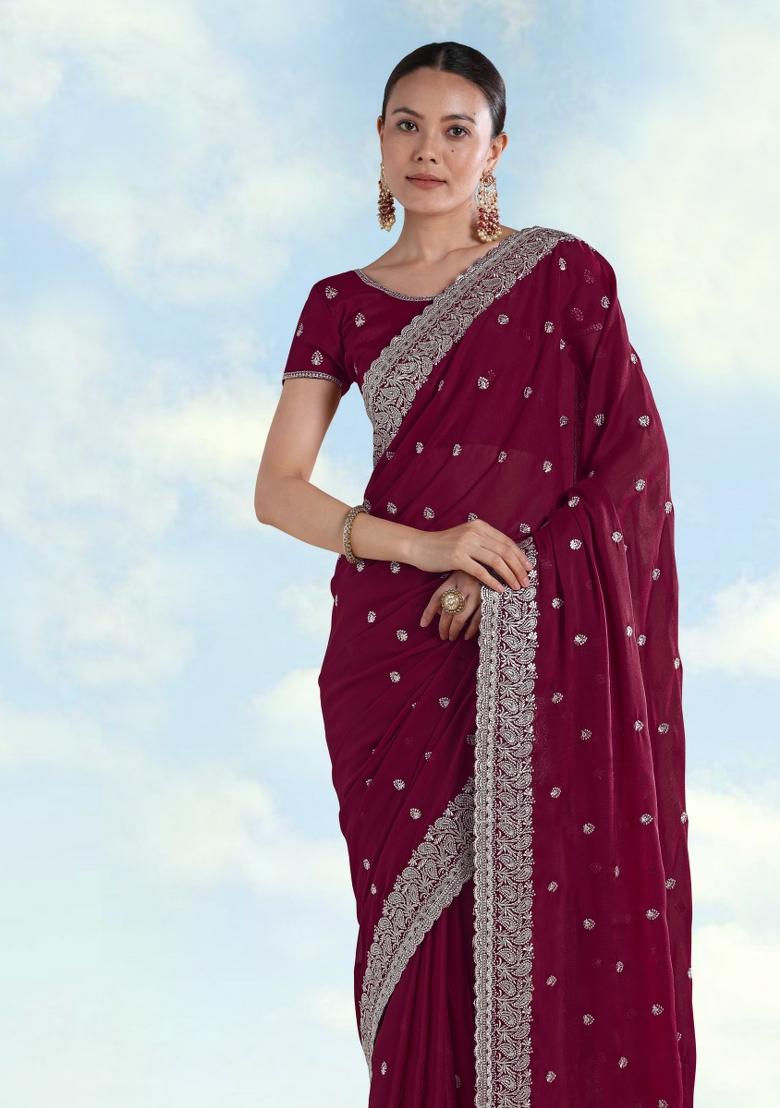 Wine Embroidered Georgette Saree Set - Indya