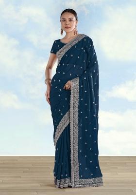 Turquoise Embroidered Georgette Saree Set
