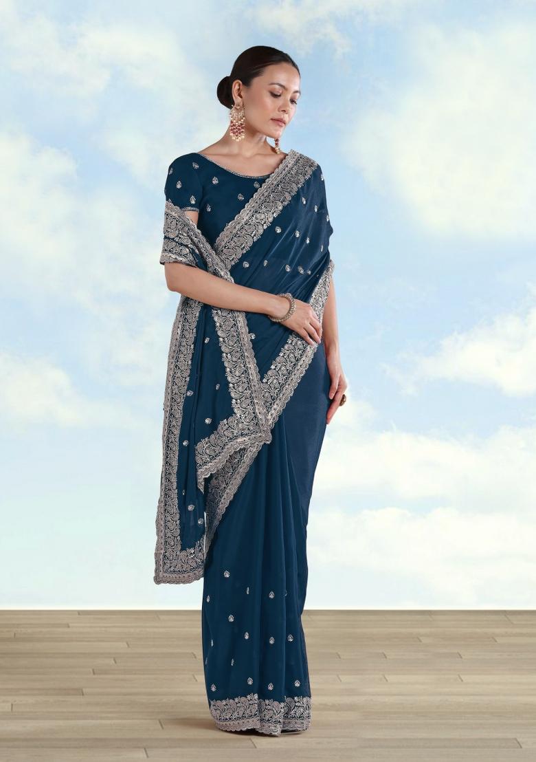 Turquoise Embroidered Georgette Saree Set - Indya