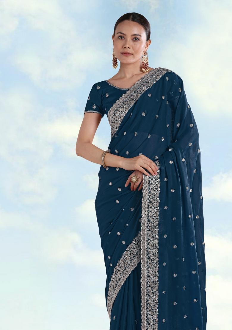 Turquoise Embroidered Georgette Saree Set - Indya