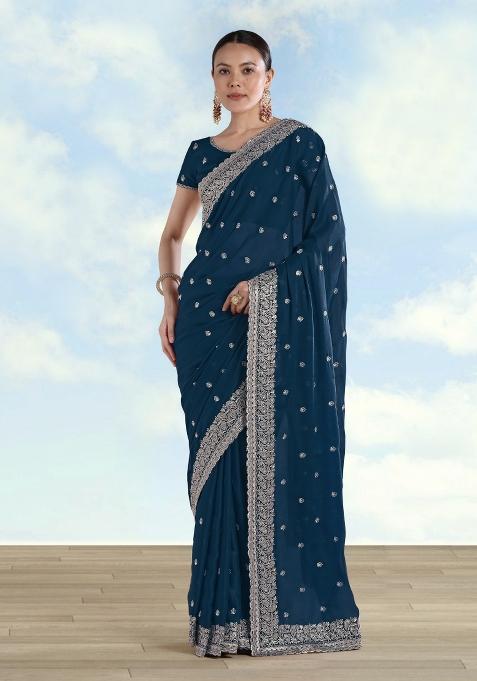 Turquoise Embroidered Georgette Saree Set
