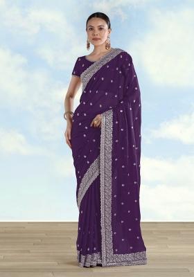 Purple Embroidered Georgette Saree Set