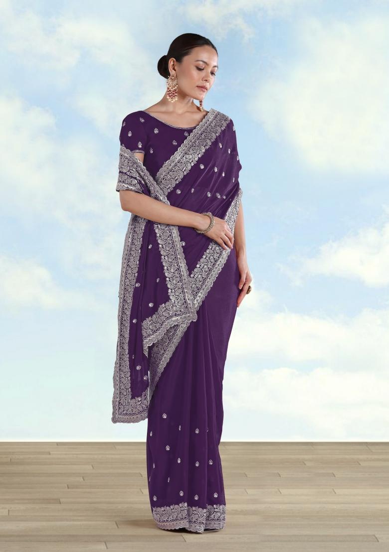 Purple Embroidered Georgette Saree Set - Indya
