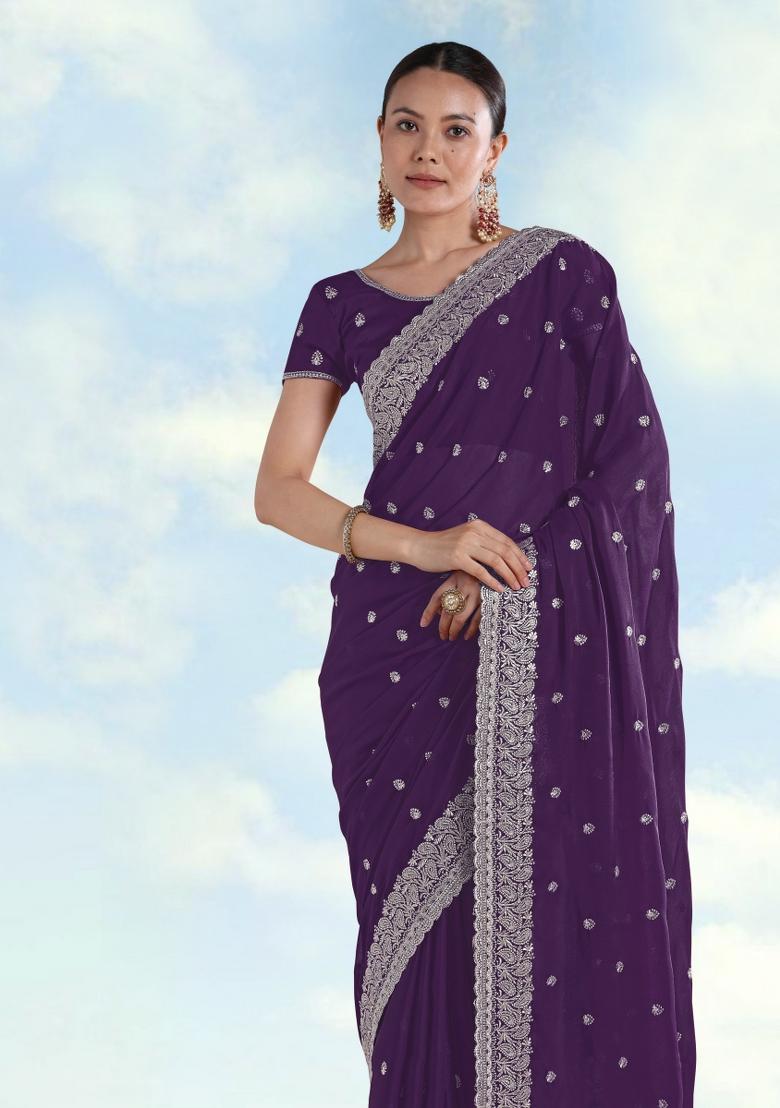 Purple Embroidered Georgette Saree Set - Indya