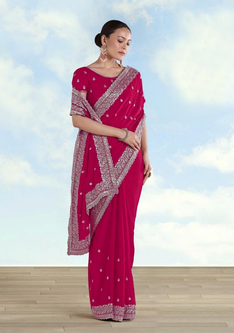Pink Embroidered Georgette Saree Set - Indya