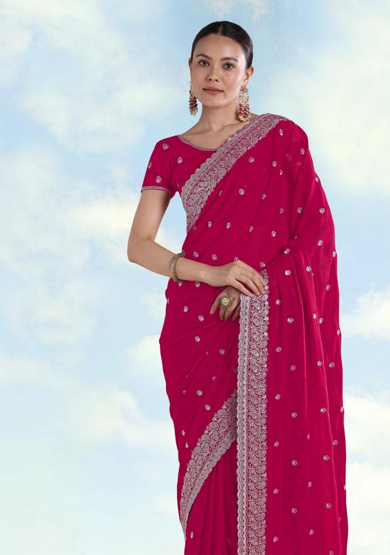 Pink Embroidered Georgette Saree Set - Indya