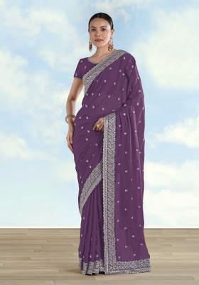 Lavender Embroidered Georgette Saree Set