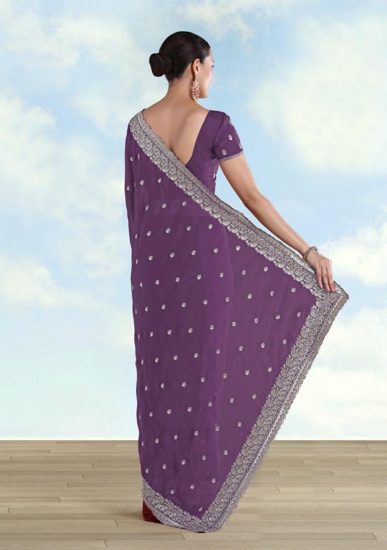 Lavender Embroidered Georgette Saree Set - Indya