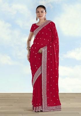 Rani Pink Embroidered Georgette Saree Set