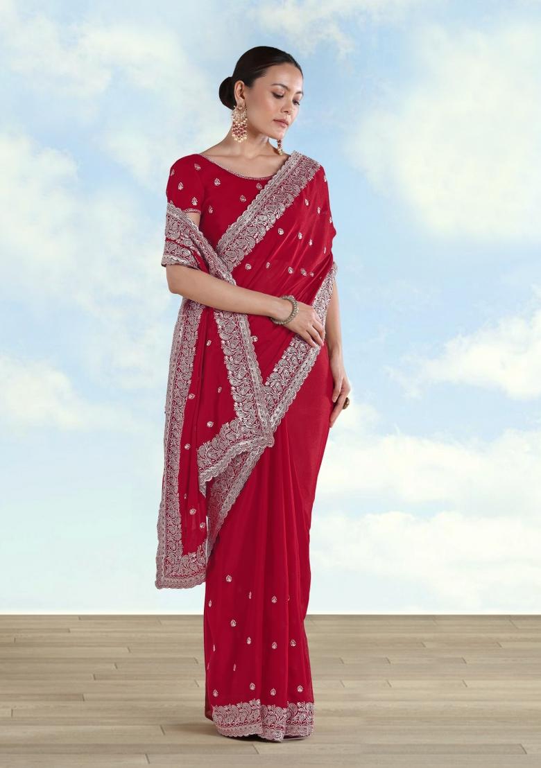 Rani Pink Embroidered Georgette Saree Set - Indya
