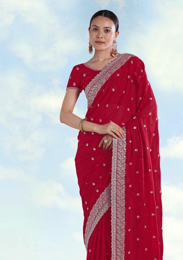 Rani Pink Embroidered Georgette Saree Set - Indya