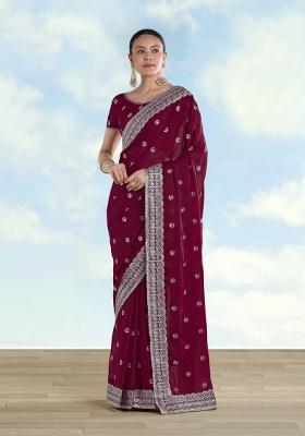 Wine Embroidered Georgette Saree Set