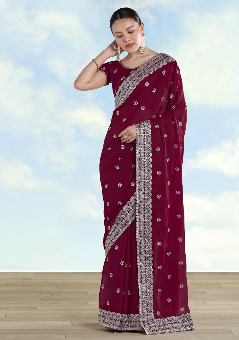 Wine Embroidered Georgette Saree Set - Indya