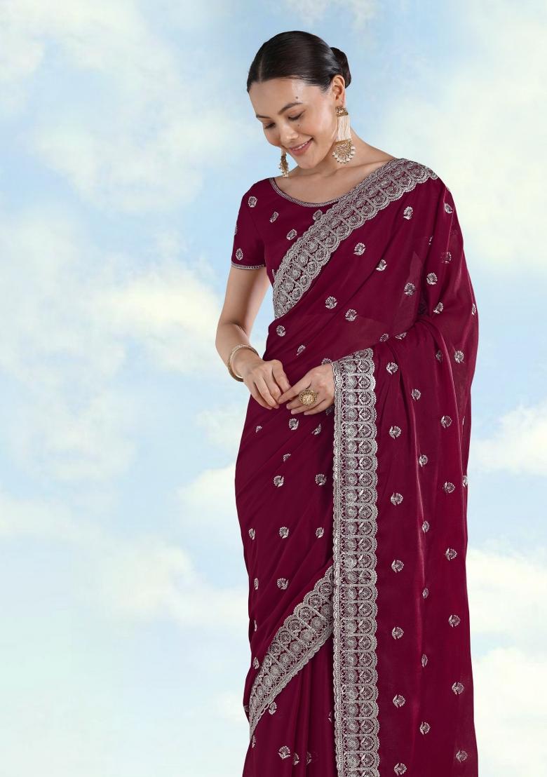 Wine Embroidered Georgette Saree Set - Indya