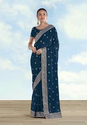 Turquoise Embroidered Georgette Saree Set