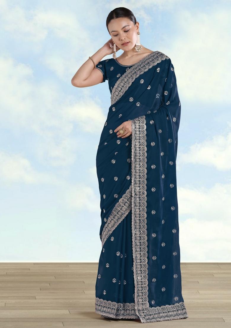 Turquoise Embroidered Georgette Saree Set - Indya