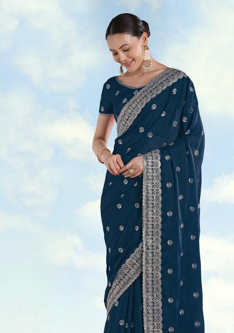 Turquoise Embroidered Georgette Saree Set - Indya