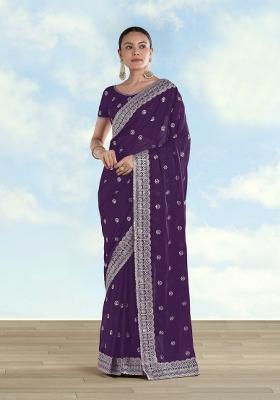 Purple Embroidered Georgette Saree Set