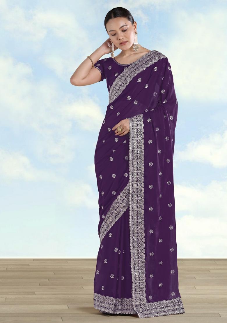 Purple Embroidered Georgette Saree Set - Indya