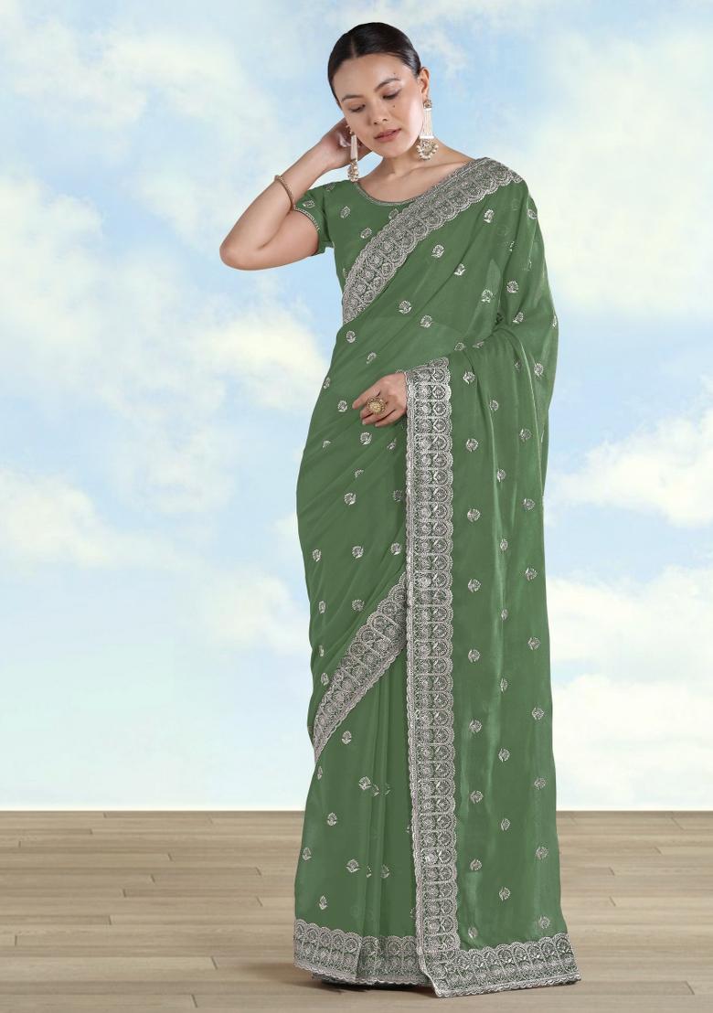 Light Green Embroidered Georgette Saree Set - Indya