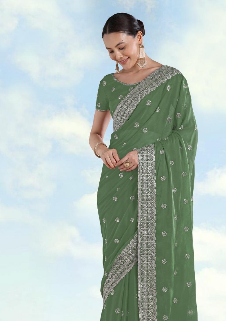Light Green Embroidered Georgette Saree Set - Indya